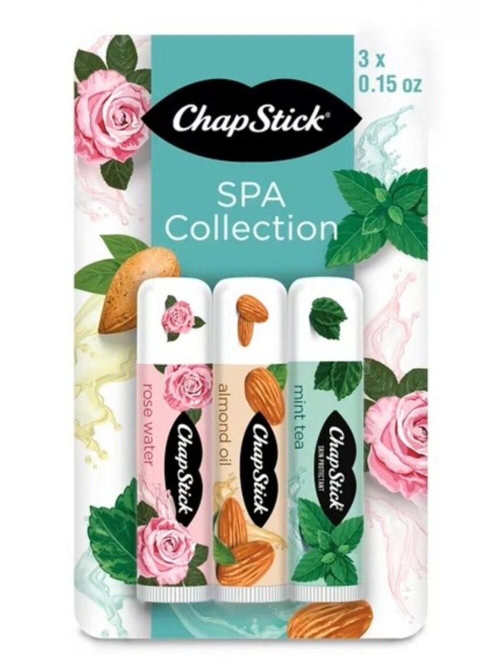 Chapstick SPA Collection 3 Pack Mint Tea Almond Oil Rose Water 0.15oz Tubes